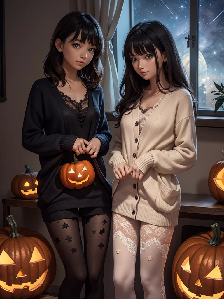 Two Women .(Nightsky.starry).window (8k)  Inside  room. autumn. line-up group. Lace . Dress. colorful. cardigan. leggings.  light. Halloween