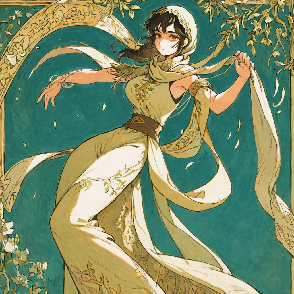 "An illustration of a Palestinian woman in Art Nouveau style, with a serene yet determined expression. She wears a traditional embroidered dress and a keffiyeh delicately draped around her shoulders. Floral motifs and olive branches surround her, symbolizing resilience and heritage. Flowing lines in the background evoke the natural beauty of the land, while soft, earthy colors and intricate details in the embroidery bring a sense of grace and strength to her figure."



