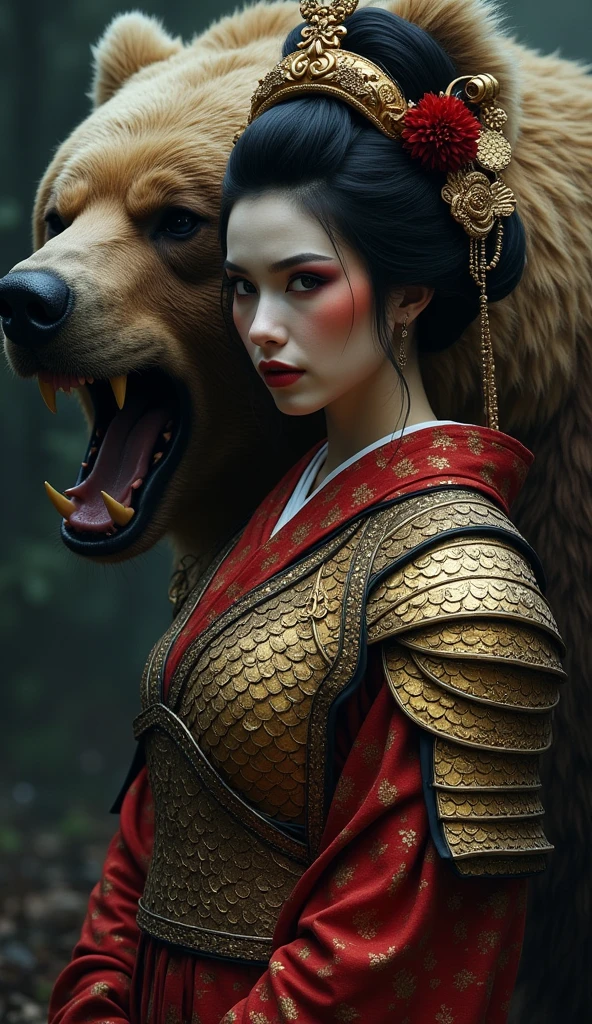 Sensual mujer bigboods Japanese Geisha, dark lights, shadows,  intricate dragon scale armor, next to a furious roaring Bear, El Greco art style  