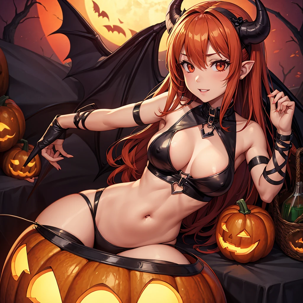 (Best Quality,8K,hight resolution,masutepiece:1.2),Ultra-detailed,Halloween,Ash hair,Evil little devil,cleavage,Provocative makeup,eyeshadows,Bracelet,horn,silly smile,Thick hair,curlyhair,full body Esbian