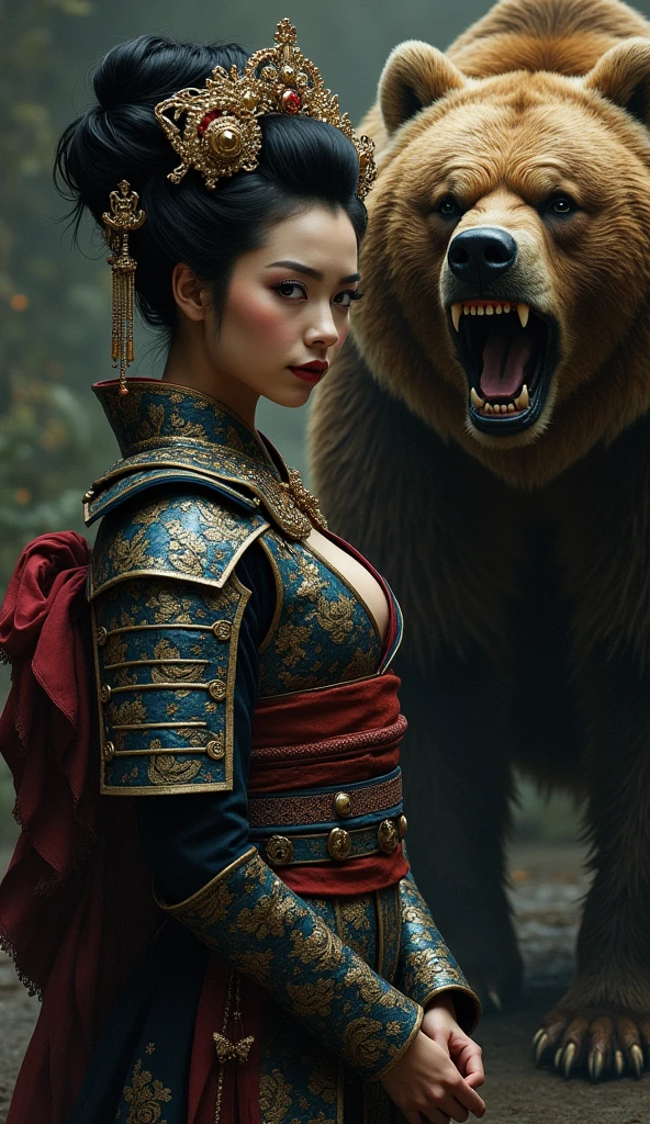 Sensual mujer bigboods Japanese Geisha, dark lights, shadows,  intricate dragon scale armor, next to a furious roaring Bear, El Greco art style  