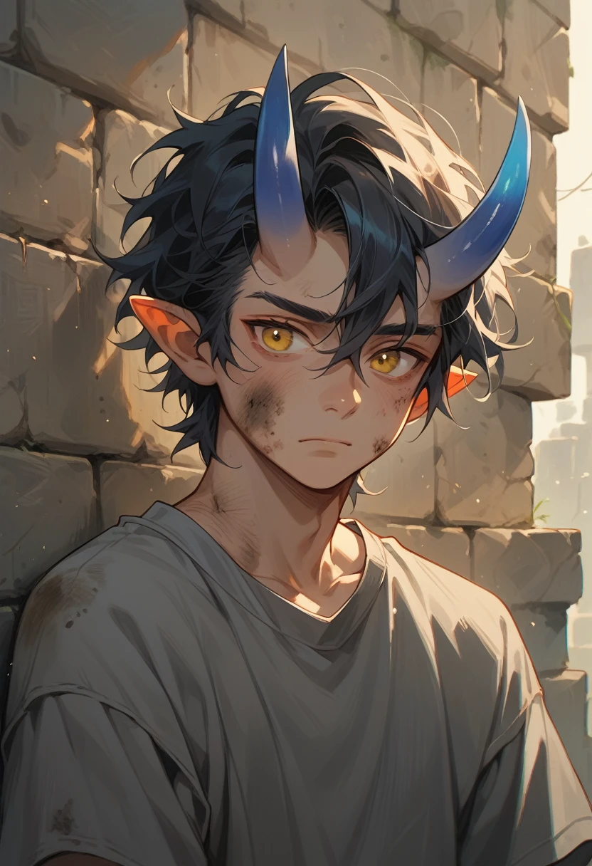 teen Oni man, with small blue horns, dark hair, dirty shoulder length hair, grey shirt, stone wall, small pointy ears, yellow eyes calm gaze.