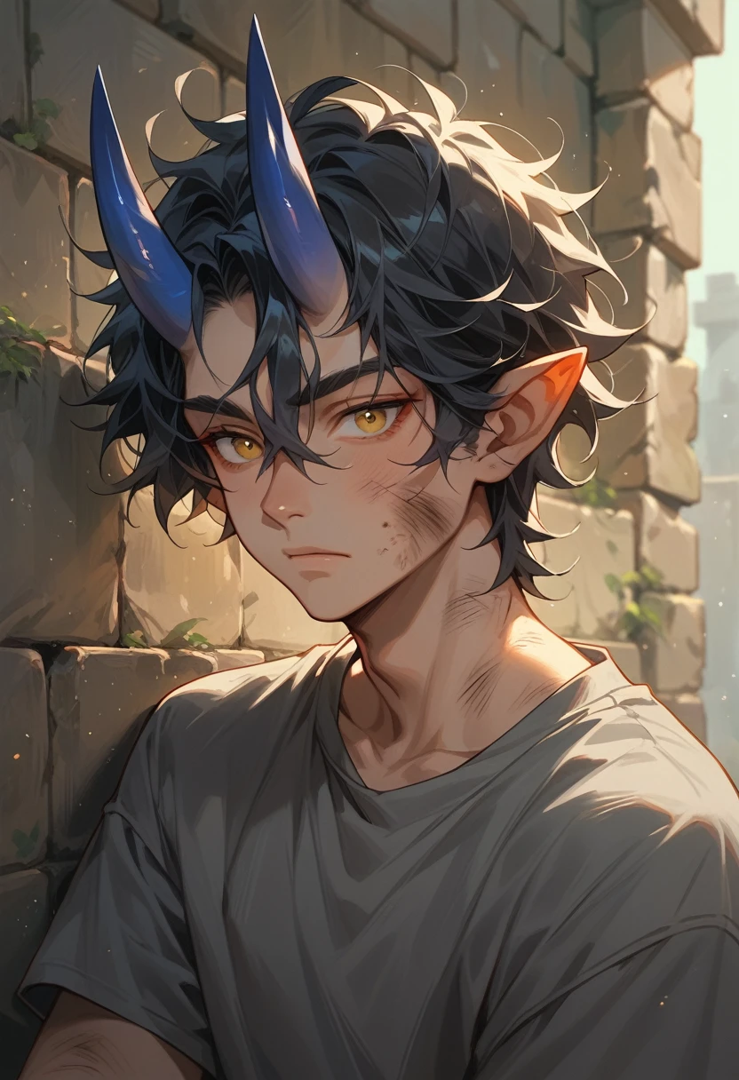 teen Oni man, with small blue horns, dark hair, dirty shoulder length hair, grey shirt, stone wall, small pointy ears, yellow eyes calm gaze.