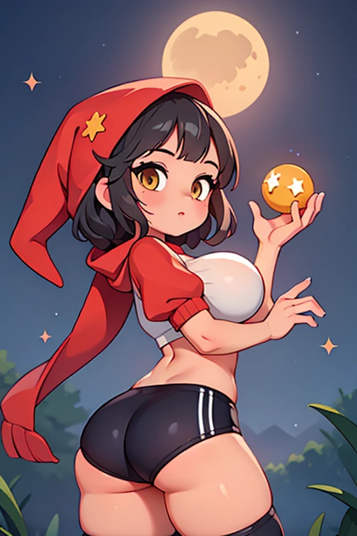 ((extreme detail)),(ultra-detailed), extremely detailed CG unity 8k wallpaper, osira, red hood, crop top, puffy sleeves, star headdress, 　wearing a Black gymnastics bloomers, High leg, vertical-striped stockings, cowboy shot, night sky, moon, legend of queen opala, 1girl, osira (character), black hair, darkskinned female, yellow eyes, blunt bangs, big breasts,