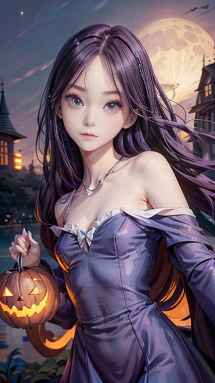 darkness　Different world、very long purple hair 1:5、small face、whole body expression、small breasts、light blue dress, Off-shoulder white, The background is a lake on a moonlit night, 
halloween party, jack-o lanthanum,  high resolution, masterpiece,  anatomically correct , Best Quality,  Ultra High Definition, 