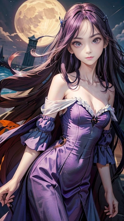 darkness　Different world、very long purple hair 1:5、small face、whole body expression、small breasts、light blue dress, Off-shoulder white, The background is a lake on a moonlit night, 
halloween party, jack-o lanthanum,  high resolution, masterpiece,  anatomically correct , Best Quality,  Ultra High Definition, 