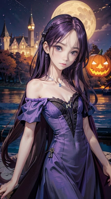 darkness　Different world、very long purple hair 1:5、small face、whole body expression、small breasts、light blue dress, Off-shoulder white, The background is a lake on a moonlit night, 
halloween party, jack-o lanthanum,  high resolution, masterpiece,  anatomically correct , Best Quality,  Ultra High Definition, 