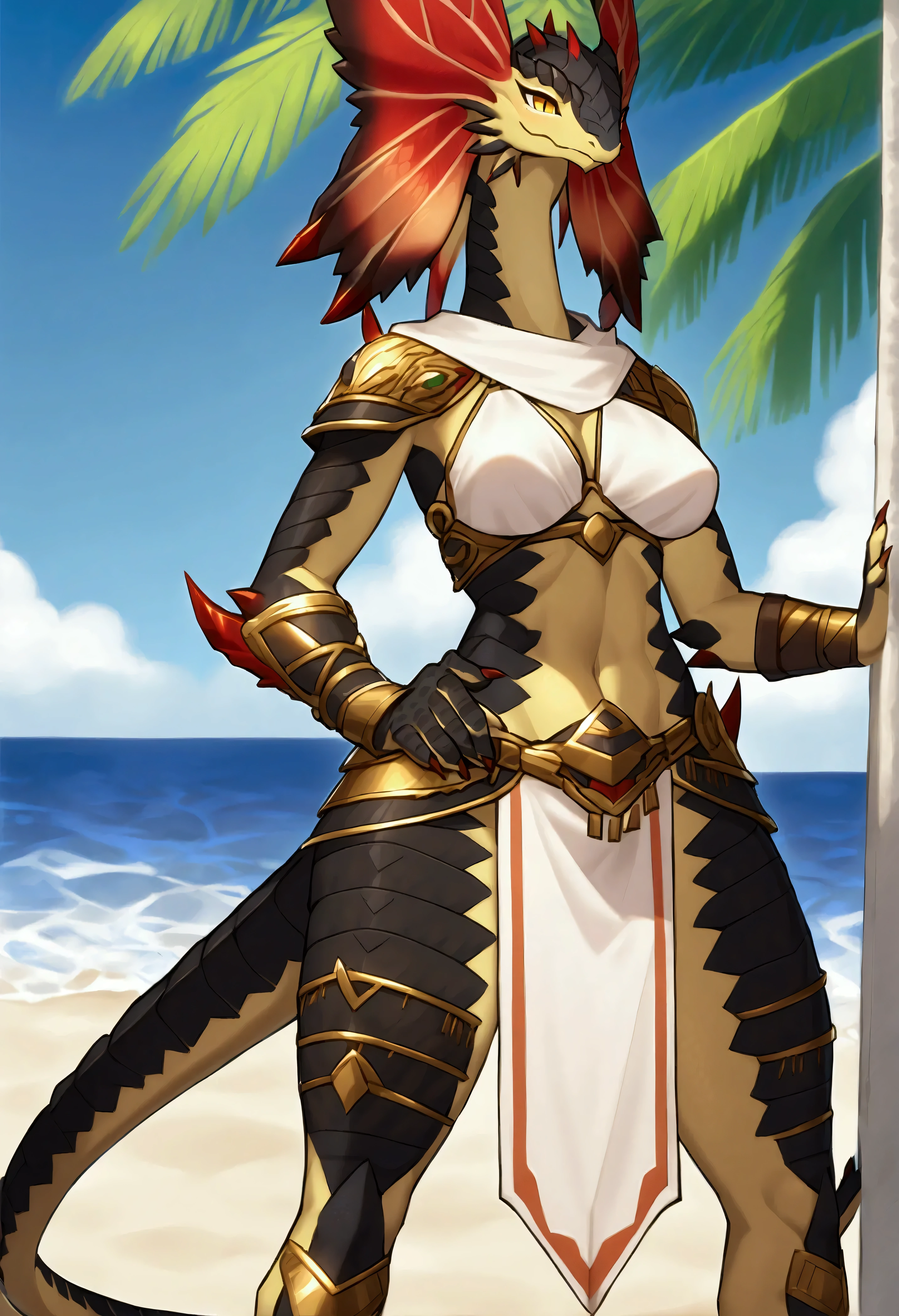 (top quality, best quality, Yamame513, High-quality illustrations, masterpiece, perfect artwork, cinematic light and shading, 16k, 1080p, uploaded on e621)(kemono, furry, anthro, alone), 1 tall female, (very detailed body, face, tail, arms, hands, legs, hair and eyes), lizard, (Divinity: Original Sin 2), scale body, lizard body, black body, breasts, wide hips, lizard hair, lizard tail, perfect eyes, lizard eyes, amber eyes, beautiful tribe armor, beautiful loincloth, beautiful beach, body movement, body twitching
