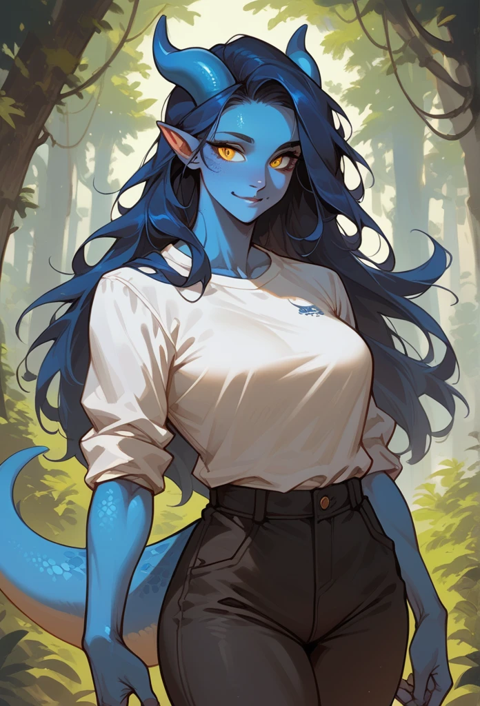 (Cowboy Shot) front facing, Adult female kobold, with long dark blue hair, long hair, yellow eyes, blue scale skin, a small tail and small blue horns, scales, a muscular athletic body, in a white shirt and black pants, in a forest, small smile.