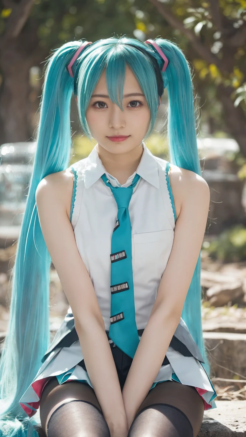 ( Hatsune Miku:1.4),(masterpiece, Best Quality, Best Quality, Official Art, beautiful、Midea:1.2), Turquoise Hair,(RAW photo, Best Quality),  cowboy shot ,( one girl playing pranks), (  fractal art :1.2), absurd,  high res,   very detailed, Ultra-precision performance,  Glowing Skin  , (Abstract:1.2), turquoise tie, Sleeveless Shirt, miniskirt in length, black knee-high tights ,Thighs,  cute,Adorable, Browse viewers, Hatsune Mikuの衣装,( sit and open your legs:1.3),(Thighsを開く:1.3), nsfw:1.1,((16years old):1.3),