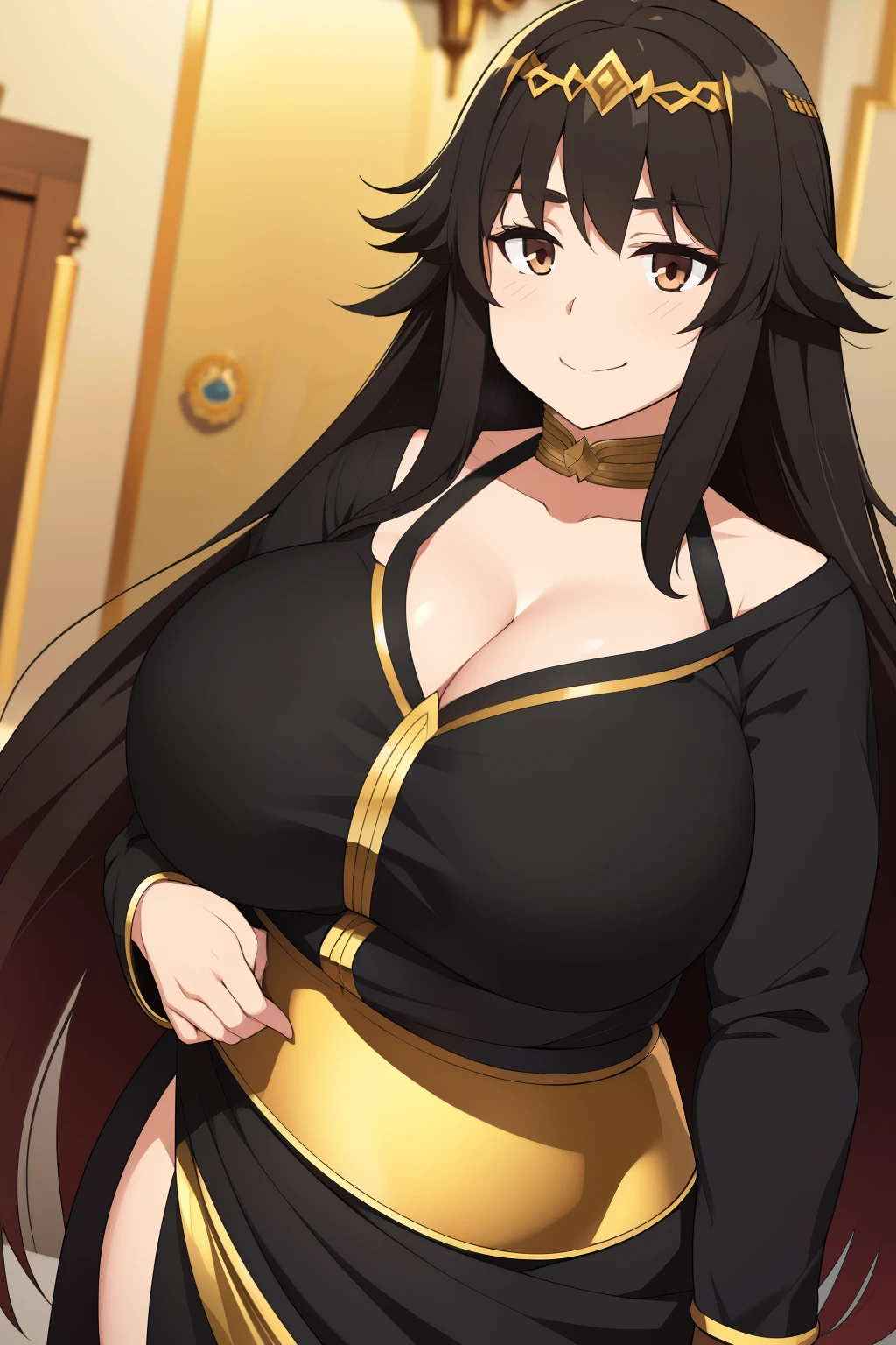 Chubby big breasts black hair brown eyes happy long messy hair smile black dress with gold details fate grand order 