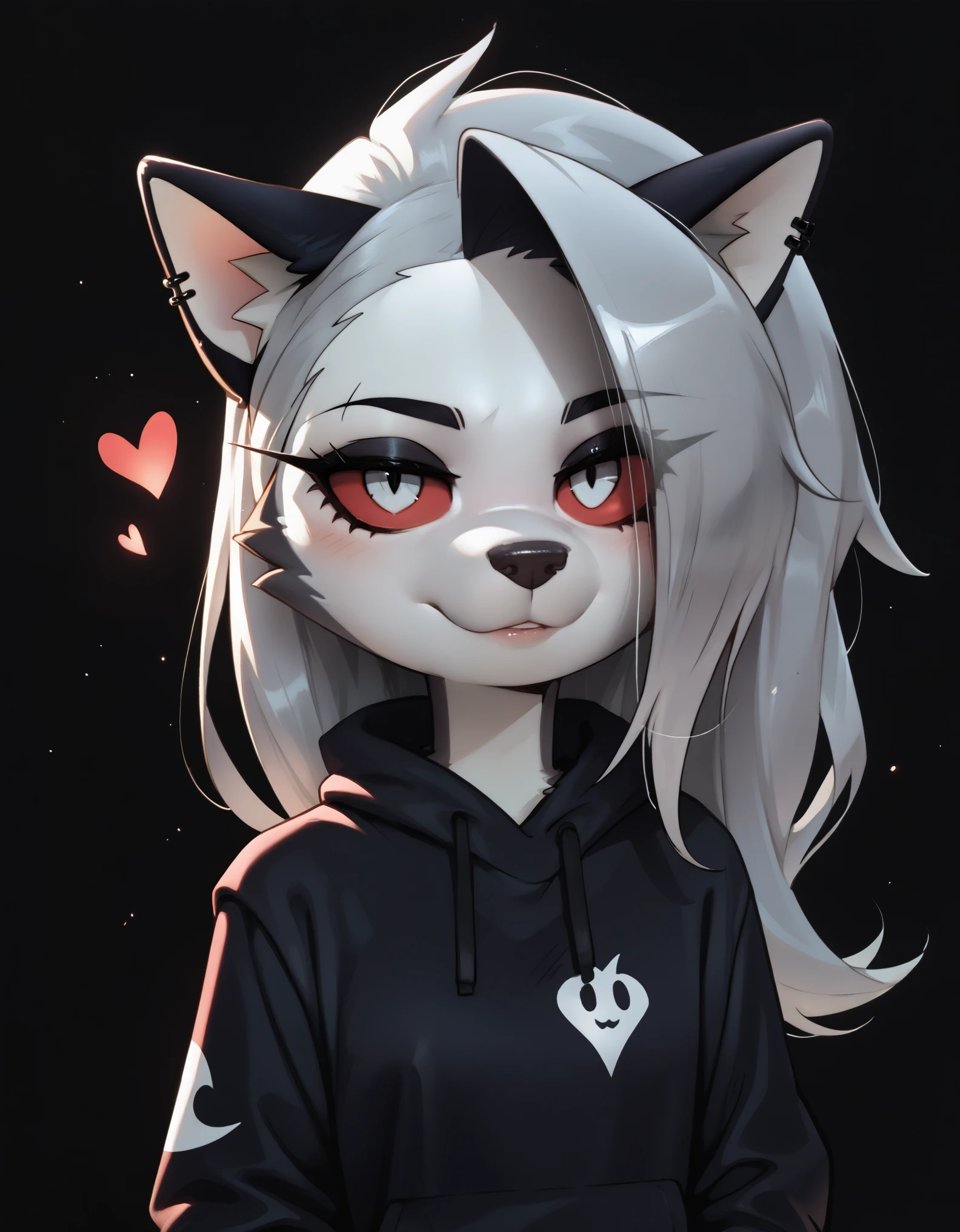 score_9_up, score_8_up, score_7_up, rating_safe, furry, anthro,
loona(jizokumode), hellhound, red sclera, looking at viewer, black background, <3,