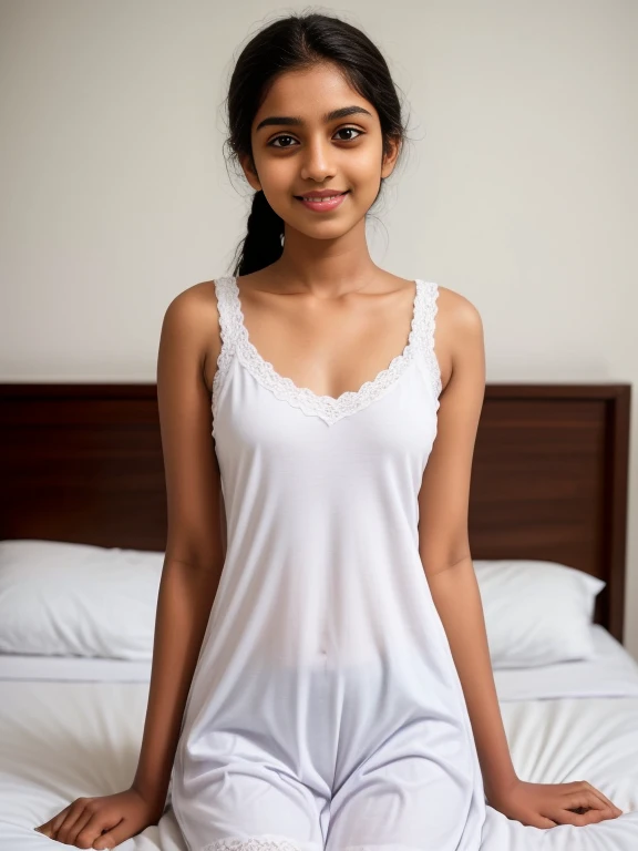 Sri lanka teen  girl, wearing white clothes and white short , in the bedroom,  (slim, small, flat, small), photorealistic, detail, skin texture, super detail, delicate and sexy collarbone, smile