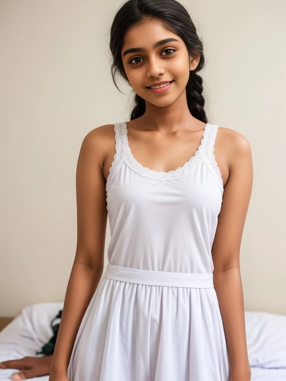 Sri lanka teen  girl, wearing white clothes and white short , in the bedroom,  (slim, small, flat, small), photorealistic, detail, skin texture, super detail, delicate and sexy collarbone, smile