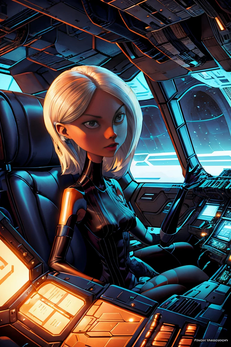 Mature light brown skin anorexic thin woman, short bang ms white hair. Long neck, round head,  wearing a black body suit with blue vertical stripes. Piloting a space ship inside a sci-fi cockpit