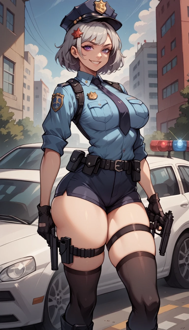 ultra-detailed,16K,(best quality),((masterpiece)),(highres),original,extremely, 1girl, solo, hair ornament, grey hair, red hair, purple eyes, wearing police uniform, wearing bootyshorts, black gloves, tactical belt, black thighhighs, boots, busty body, large breasts and a beautiful ass, gun, holding gun, showcasing cleavage, legs, hips, looking at viewer, smile, detailed body, police car background