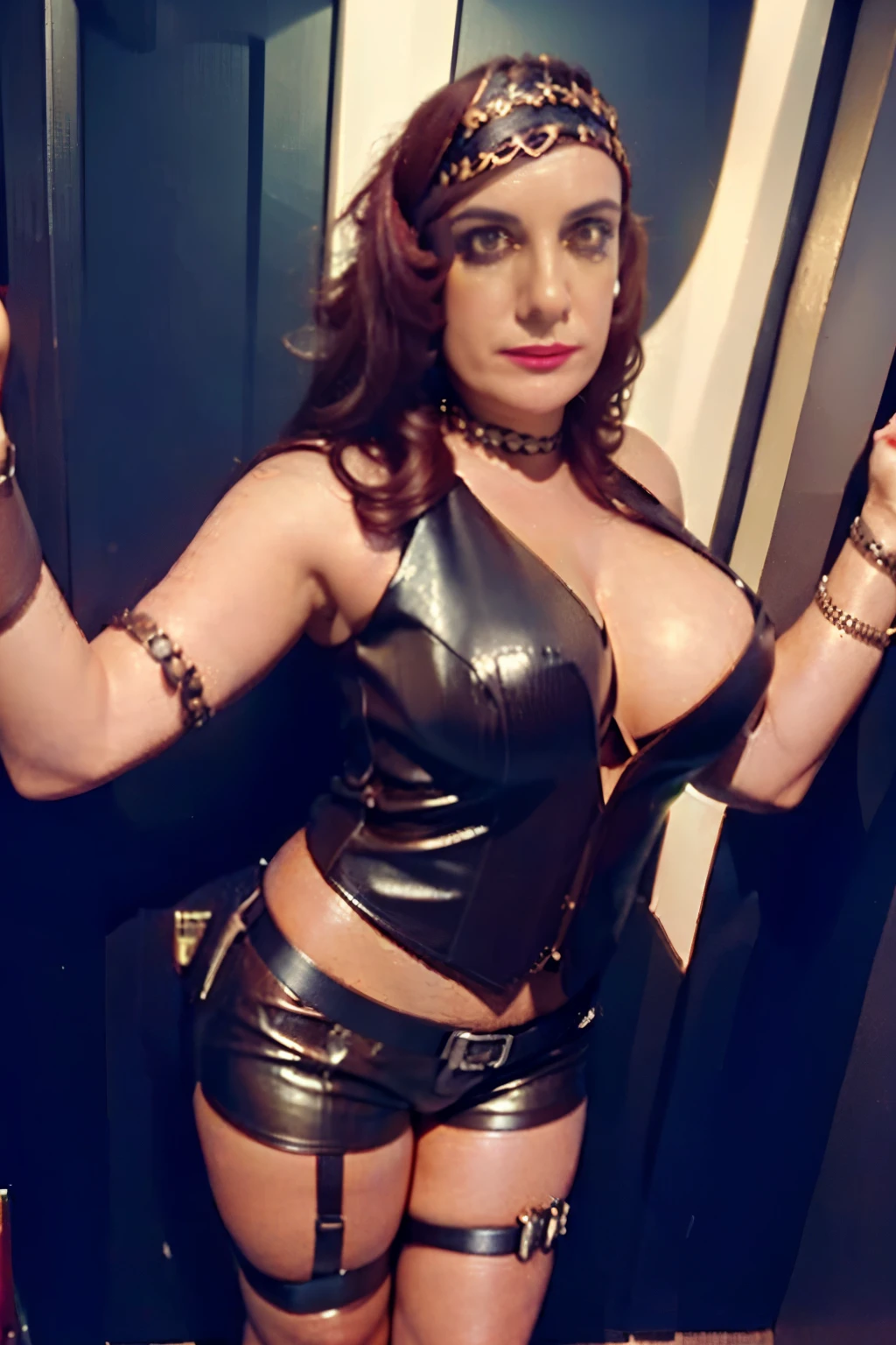 Woman 55 years old, standing, fully body, more feminine face, ,((Stunning red dress with wide shoulders that clung to her athletic body, highlighting your slim waist and toned legs. The dress ended just above the knees, showing off her legs., with leather pants), ((high ponytail hair)), breasts big, (camera angle to capture in motion:1.1), . Highly detailed and sharp focus, (high-detailed face:1) (8K, ultra HD, dslr, high qualiy, cinematic lighting, bokeh), (dramatic, rewarded photography, incredible masterpiece:1.3),