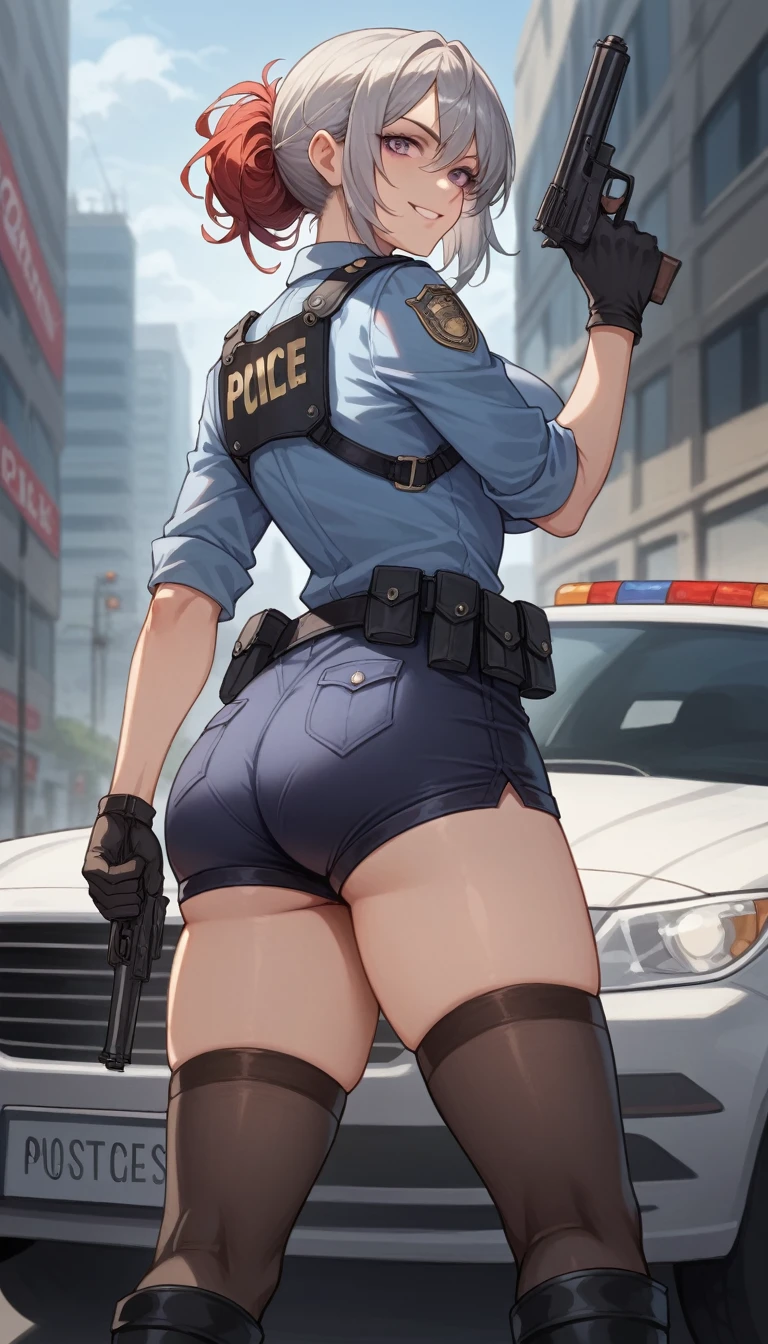 Sexy (((big ass))) and beautiful police woman, skinny, slim thick, small waist, at the street, 8k