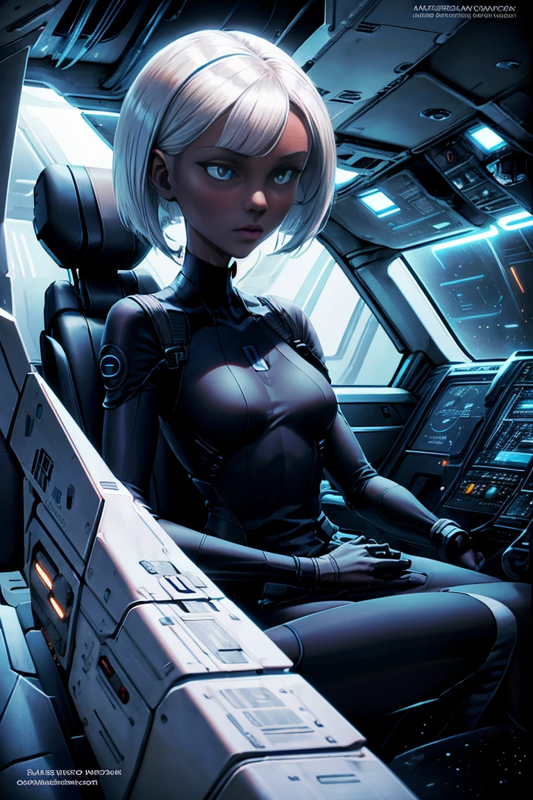 Mature light brown skin anorexic thin woman, short bang ms white hair. Long neck, round head,  wearing a black body suit with blue vertical stripes. Piloting a space ship inside a sci-fi cockpit