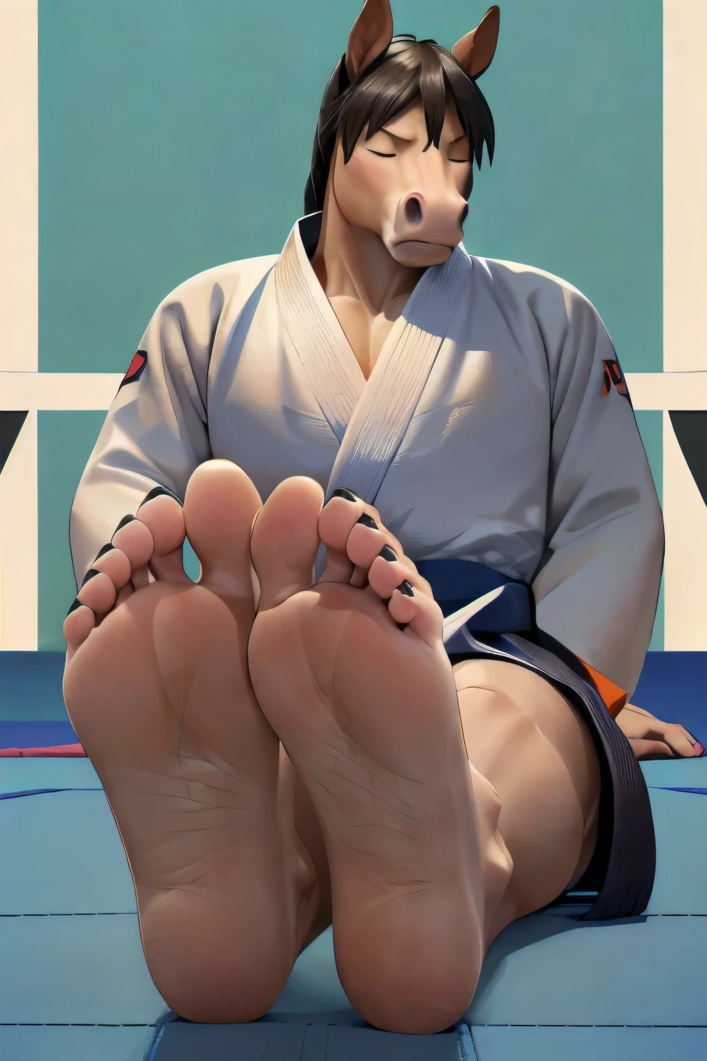 ((defeated)) ((evil)) (anthro male horse with ((black feetsoles)) (blacksoles) wearing ((black Judogi)) the anthro horse is defeated and knockout on the floor, ther eyes closed, tonque out of the mounth, artwork ((Background Dojo) barefeet plantigrade ((five toes)) (humandoid feet) (black nails) (long nails) ((anatomically correct)) (black soles) ((blackfeetsoles)) ((horse tail)) ((dojo)) ((judo))