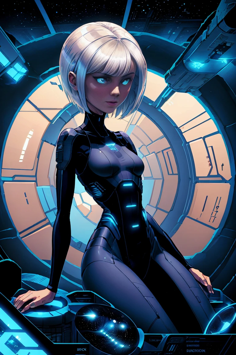 Mature light brown skin anorexic thin woman, short bang ms white hair. Long neck, round head,  wearing a black body suit with blue vertical stripes. Piloting a space ship inside a sci-fi cockpit