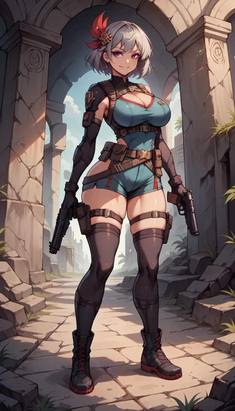 ultra-detailed,16K,(best quality),((masterpiece)),(highres),original,extremely, 1girl, solo, hair ornament, grey hair, red hair, purple eyes, wearing tactical clothes, wearing bootyshorts, black gloves, tactical belt, black thighhighs, boots, busty body, large breasts and a beautiful ass, gun, holding gun, showcasing cleavage, legs, hips, looking at viewer, smile, detailed body, ruins background