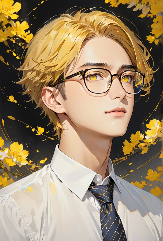 Illustration、【Contemporary、male、Golden Hair、Glasses、 white shirt、tie、 Gentle Eyes 、Yellow Eyes、 calm 、Portraiture、 bust up