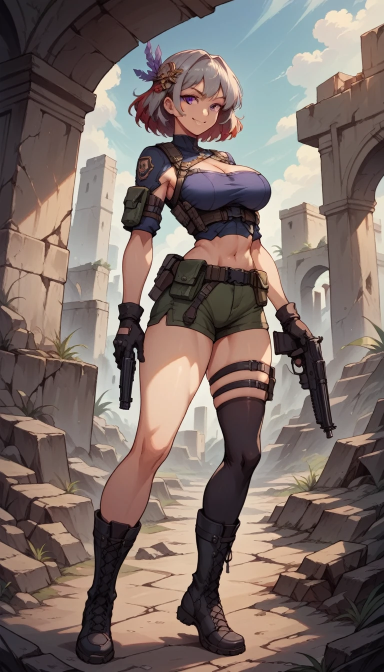 ultra-detailed,16K,(best quality),((masterpiece)),(highres),original,extremely, 1girl, solo, hair ornament, grey hair, red hair, purple eyes, wearing tactical clothes, wearing bootyshorts, black gloves, tactical belt, black thighhighs, boots, busty body, large breasts and a beautiful ass, gun, holding gun, showcasing cleavage, legs, hips, looking at viewer, smile, detailed body, ruins background