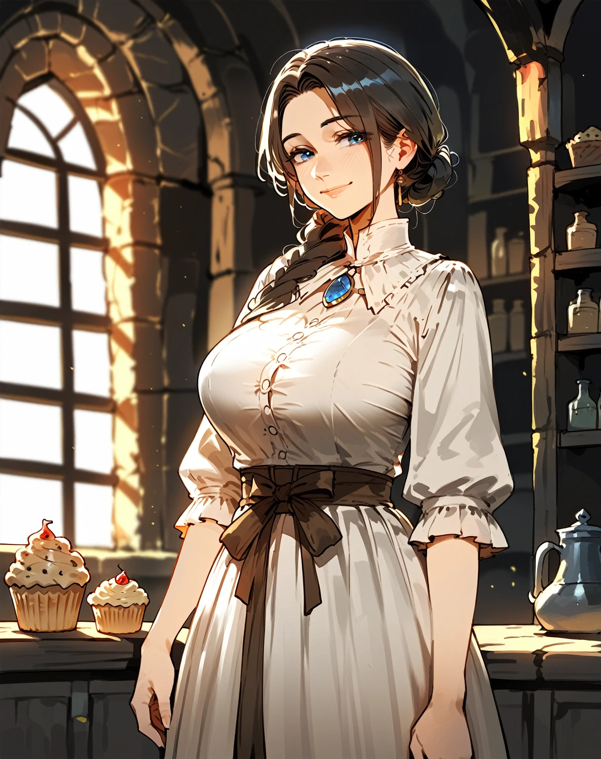 score_9, score_8_up, score_7_up, score_6_up, score_5_up, ncaaoo33 {{solo, anime, cowboy shot, underground, cave, dungeon, dark, dimmed lighting, medieval fantasy}} mature woman, dark hair, aged, blue eyes, voluptous, large breasts, muffin top, gentle smile,
