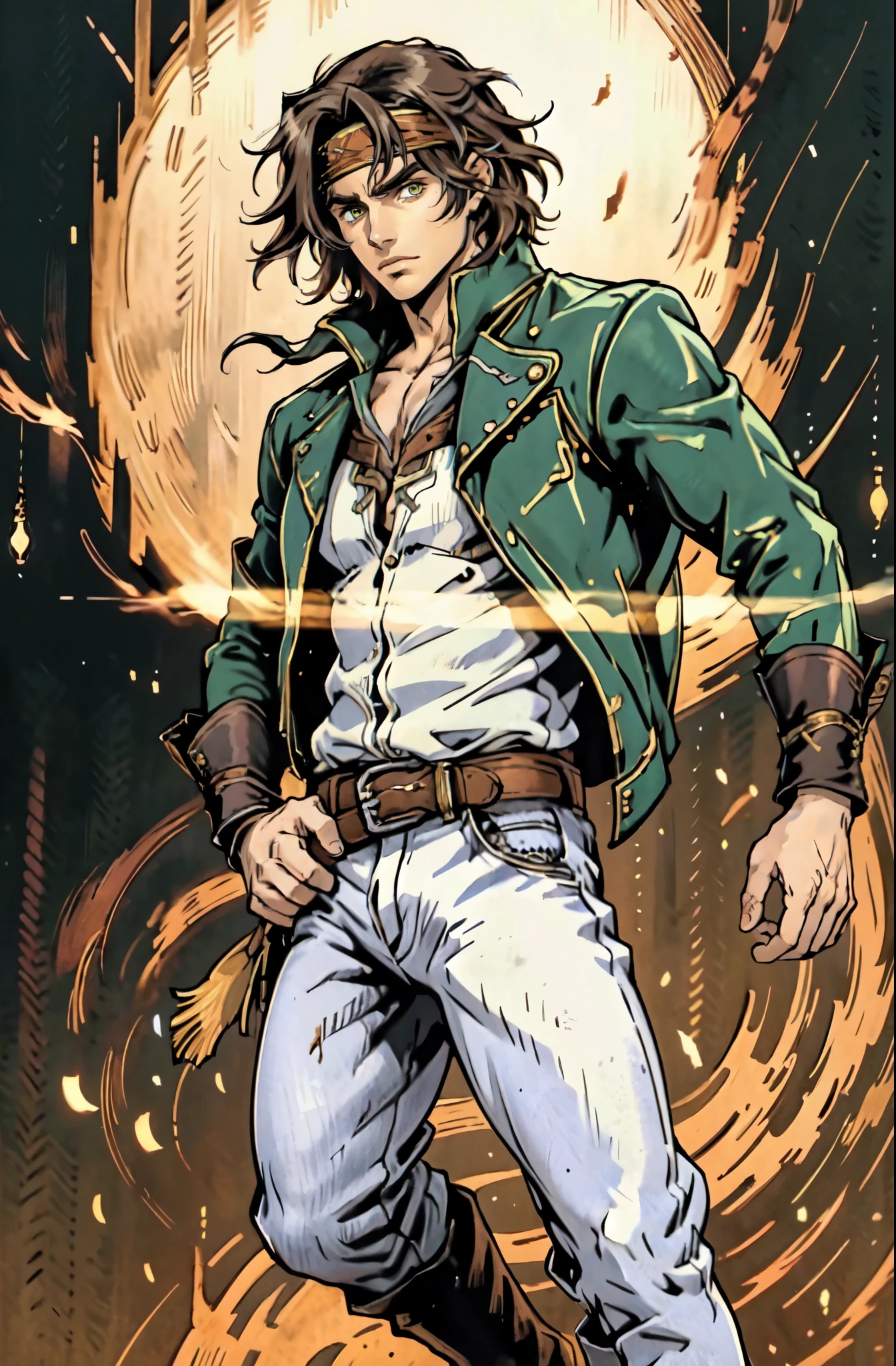 (masterpiece:1.2, best quality:1.2, extremely delicate:1.2), ((male:1.5)), a man with messy short brown hair, choppy bangs, a headband tied around his forehead, sharp eyes, well-defined features, serious expression, fantasy Western-style attire, the color scheme is primarily Yellow with Black accents, a burlap shirt, a leather jacket, a jeans, he surrounded by green energy, he jumping into the sky, this character embodies a finely crafted fantasy Western-style Rogue in anime style, exquisite and mature manga art style, dramatic, high definition, highres, ultra-detailed, ultra-fine painting, professional, perfect body proportions, golden ratio, anatomically correct, symmetrical face, extremely detailed eyes and face, high quality eyes, creativity, RAW photo, UHD, 32k, Natural light, cinematic lighting, (masterpiece-anatomy-perfect:1.2)