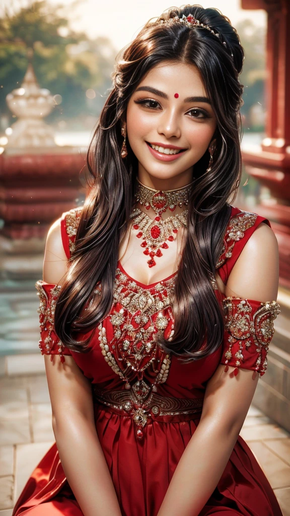 a close up of a woman in a red dress posing for a picture, very beautiful girl, traditional beauty, attractive girl, beautiful girl model, indian, beautiful model girl, lovely smile, with a beautifull smile, beautiful young girl, lovely woman, cute beautiful, with a seductive smile, very attractive and beautiful, beautiful and smiling, elegant smiling pose