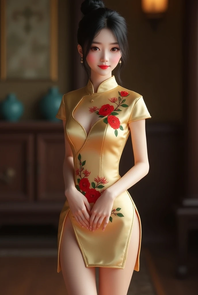 Half-length portrait:1.3，Wearing(Tight cheongsam:1.7)Beautiful woman，Ideal proportions，Full breasts，Slim waist，Plump buttocks，White skin，Surrounded by accessories，In a crowded Chinese restaurant，(Best quality，4K，8K，high resolution，masterpiece:1.2)，Ultra Detailed，(lifelike，照片般lifelike，照片般lifelike:1.37)，Delicate eyes，Delicate lips，Extremely detailed face，Long eyelashes，Intricate details，Gorgeous accessories，Gorgeous decoration，Warm Lights，Vibrant colors，Dramatic lighting，Atmospheric，Movie-like，Award-winning photography