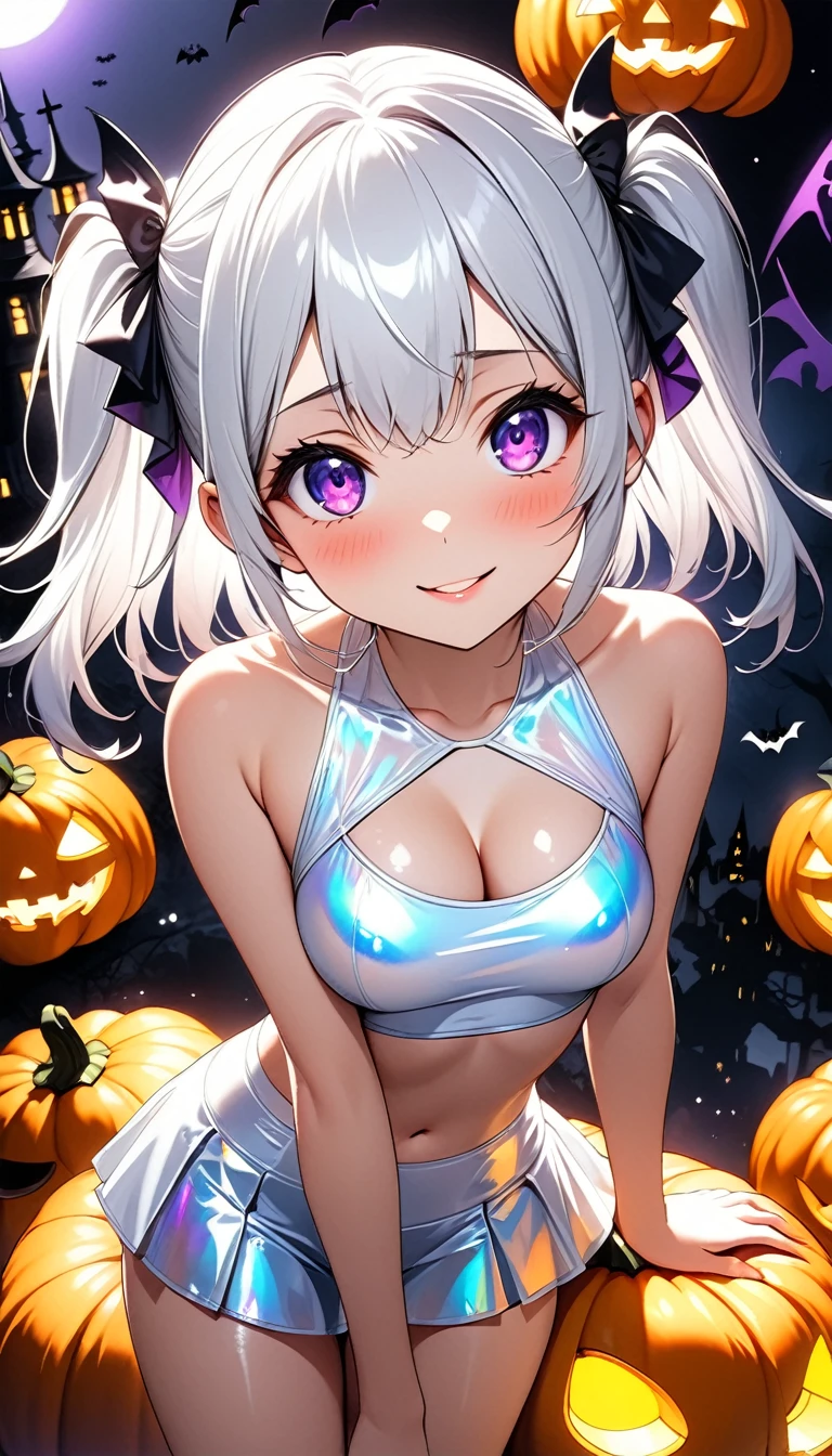 (((Shiny metallic transparent white two-piece swimsuit,The chest part is pumpkin-shaped))),(beautiful girl:1.3),masterpiece,Please redeem,Ultra-high resolution,rich contrast,Very high quality,8k,Highly detailed CG unit wallpaper,Texture,So ridiculous,RAW Photos,Highest quality anime,Depth of written boundary 1.2,ultra-detailed eyes,Glowing Skin,Glitter Effect,Beautiful glossy lips,(two side up,Silver-white hair),( Halloween ),I look like I'm about 18 years old,ROUGH,(The tip of the skirt is equipped with a round light that emits yellow light),(((big and round butt))),girl　Alone, fantastic,SDXL,Violet eyes,A light smile,Embarrassing,blush,Leaning forward,Looking up,Tilt your head,