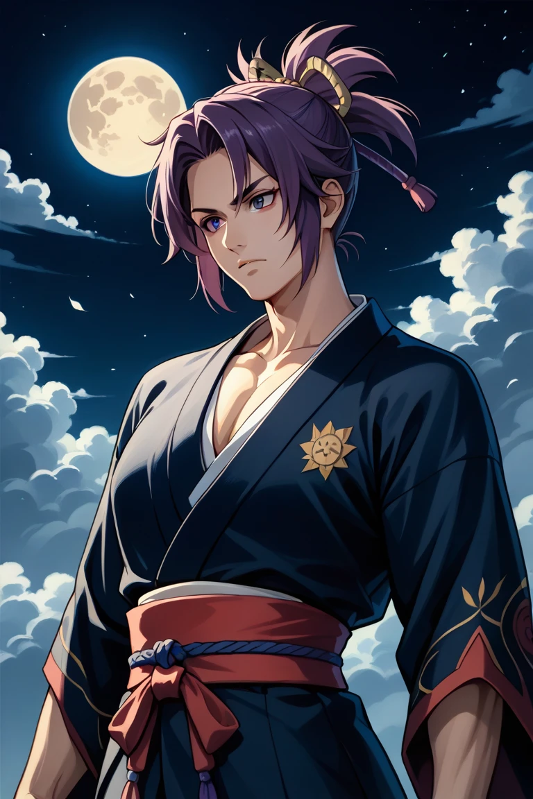 1boy, solo, masterpiece, ultimate detailed, shinobu, traditional japanese art, (alternative outfit), fighting stance, masterpiece, highres, upper body, close up, handsome, wearing short kimono, sexy, night, moon, floating on clouds, large breasts, 
