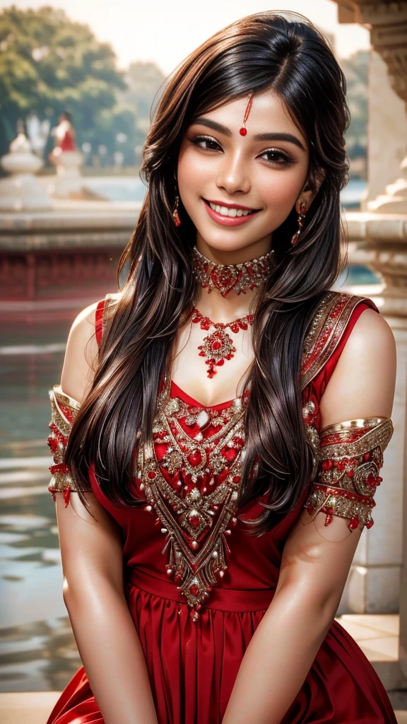 a close up of a woman in a red dress posing for a picture, very beautiful girl, traditional beauty, attractive girl, beautiful girl model, indian, beautiful model girl, lovely smile, with a beautifull smile, beautiful young girl, lovely woman, cute beautiful, with a seductive smile, very attractive and beautiful, beautiful and smiling, elegant smiling pose