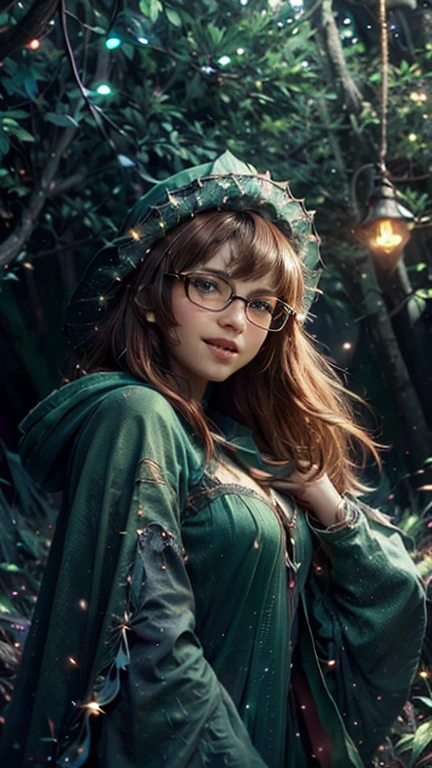  close-up, upper , Body part. Short, red hair, (green eyes:1.5),  metal frame glasses , pointed hat, green cloak, smiling girl  . (masterpiece,  top quality,  Best quality,  official art,  beautiful and aesthetic :1.2),  Extremely detailed ,( fractal art:1.2),Colorful,The most detailed, ( dynamic pose), (night forest background :1.5), (Lots of lights :1.4). ((SPLIT. photorealism.  unreal engine .  Ultra high quality textures.  high detail.  8k resolution))