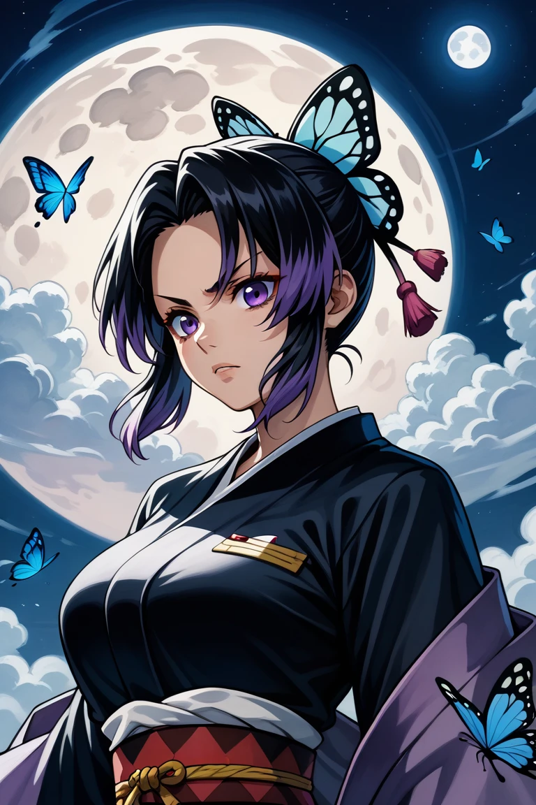 1girl, solo, masterpiece, ultimate detailed, Shinobu_Kocho, butterfly_hairpiece, multicolored_hair, purple_hair, black_hair, traditional japanese art, (alternative outfit), fighting stance, masterpiece, highres, upper body, close up, handsome, wearing short kimono, sexy, night, moon, floating on clouds, large breasts, 
