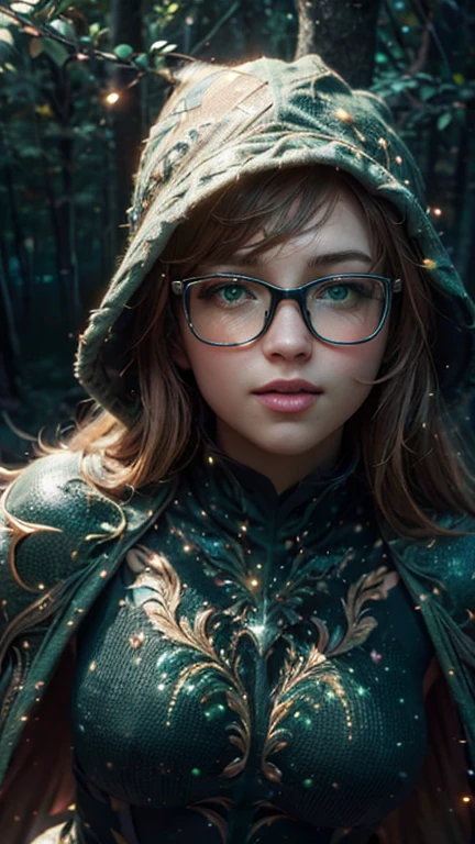  close-up, upper , Body part. Short, red hair, (green eyes:1.5),  metal frame glasses , pointed hat, green cloak, smiling girl  . (masterpiece,  top quality,  Best quality,  official art,  beautiful and aesthetic :1.2),  Extremely detailed ,( fractal art:1.2),Colorful,The most detailed, ( dynamic pose), (night forest background :1.5), (Lots of lights :1.4). ((SPLIT. photorealism.  unreal engine .  Ultra high quality textures.  high detail.  8k resolution))