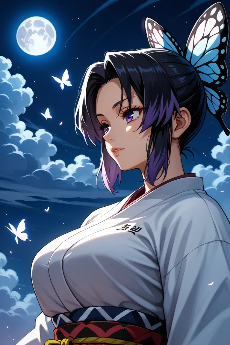 1girl, solo, masterpiece, ultimate detailed, Shinobu_Kocho, butterfly_hairpiece, multicolored_hair, purple_hair, black_hair, traditional japanese art,  masterpiece, highres, upper body, close up, handsome, wearing short kimono, sexy, night, moon, floating on clouds, large breasts, 
