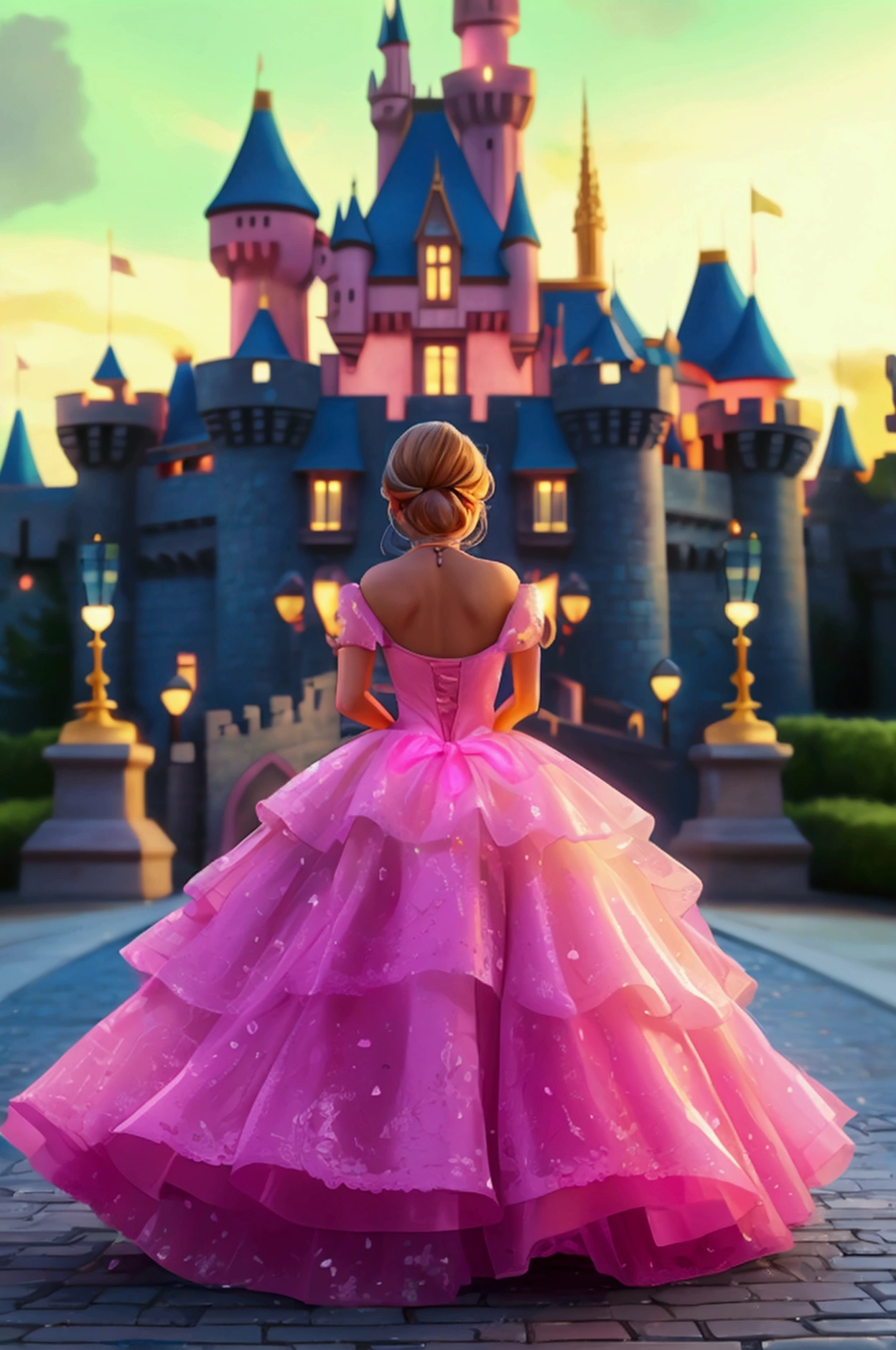 a disney cartoon castle, a woman wearing a glowing neon pink ballgown dancing in the center view of the castle