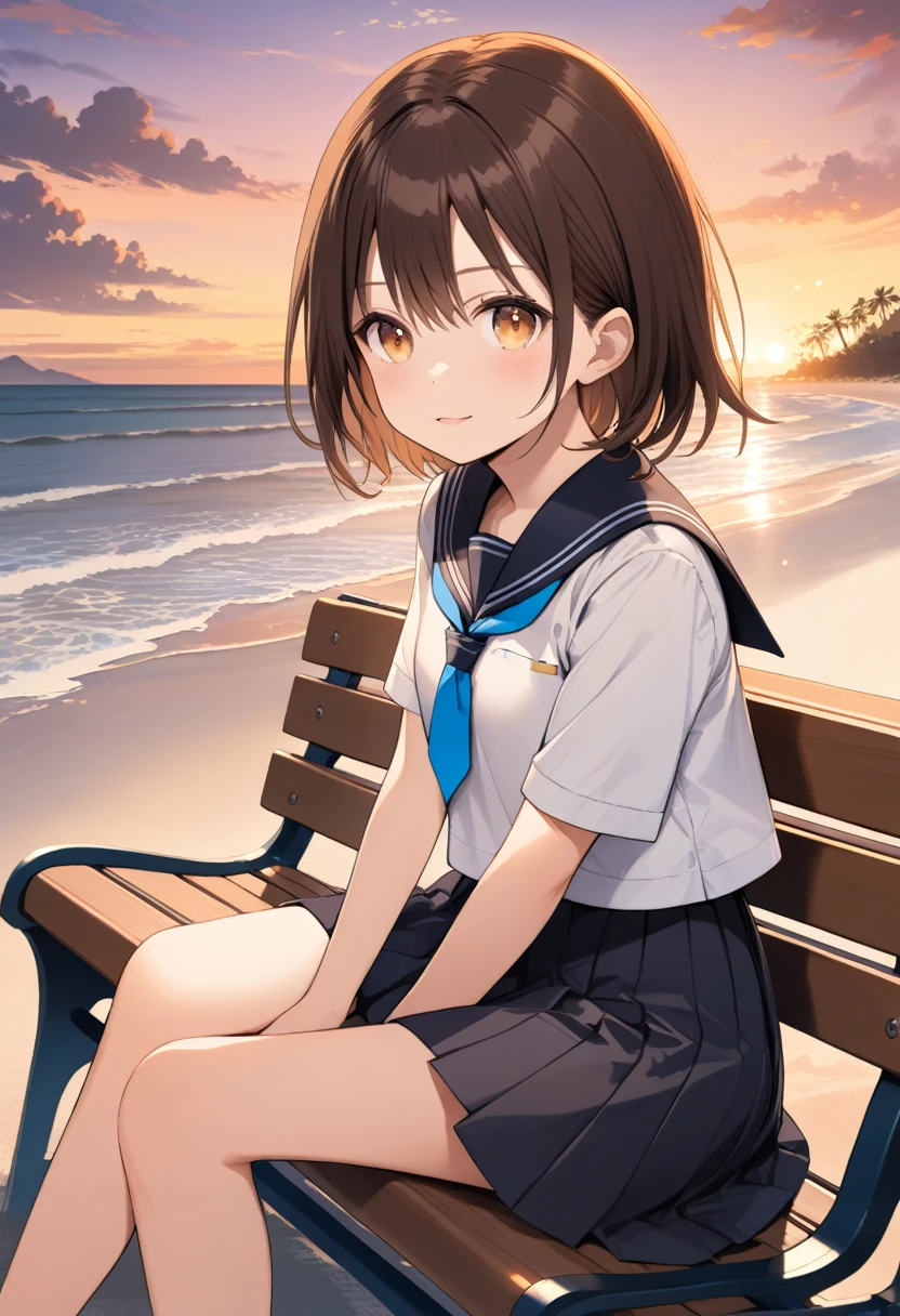  intricate details , Best Quality,  1 girl,  is sitting on a bench, Brown Hair,  short hair, Cute eyes,  school uniform, sunset, Beach