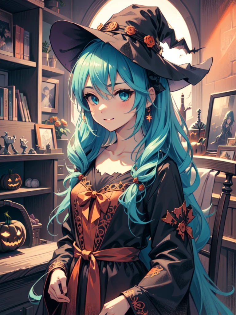 (masterpiece, best quality:1.15), no humans, magic, halloween, jack-o'-lantern, spooky, dark, night, full moon, moon, orange sky, building,


A beautiful girl dressed in a flowing witch’s robe and a classic pointed witch’s hat stands in a room decorated for Halloween. She holds a sparkling magical wand, with a mischievous smile on her face. The room is filled with Halloween decorations, including pumpkins, cobwebs, and flickering candles, creating a whimsical and enchanting atmosphere. The image should be in 8K high resolution, capturing all the intricate details of her attire and the magical ambiance of the setting,

hatsunemiku, miku hatsune, ahoge, aqua eyes, aqua hair, crossed bangs, hair between eyes, hair ornament, long hair, twintails,
BREAK (masterpiece:1.2), best quality, high resolution, unity 8k wallpaper, (illustration:0.8), (beautiful detailed eyes:1.6), extremely detailed face, perfect lighting, extremely detailed CG, (perfect hands, perfect anatomy),