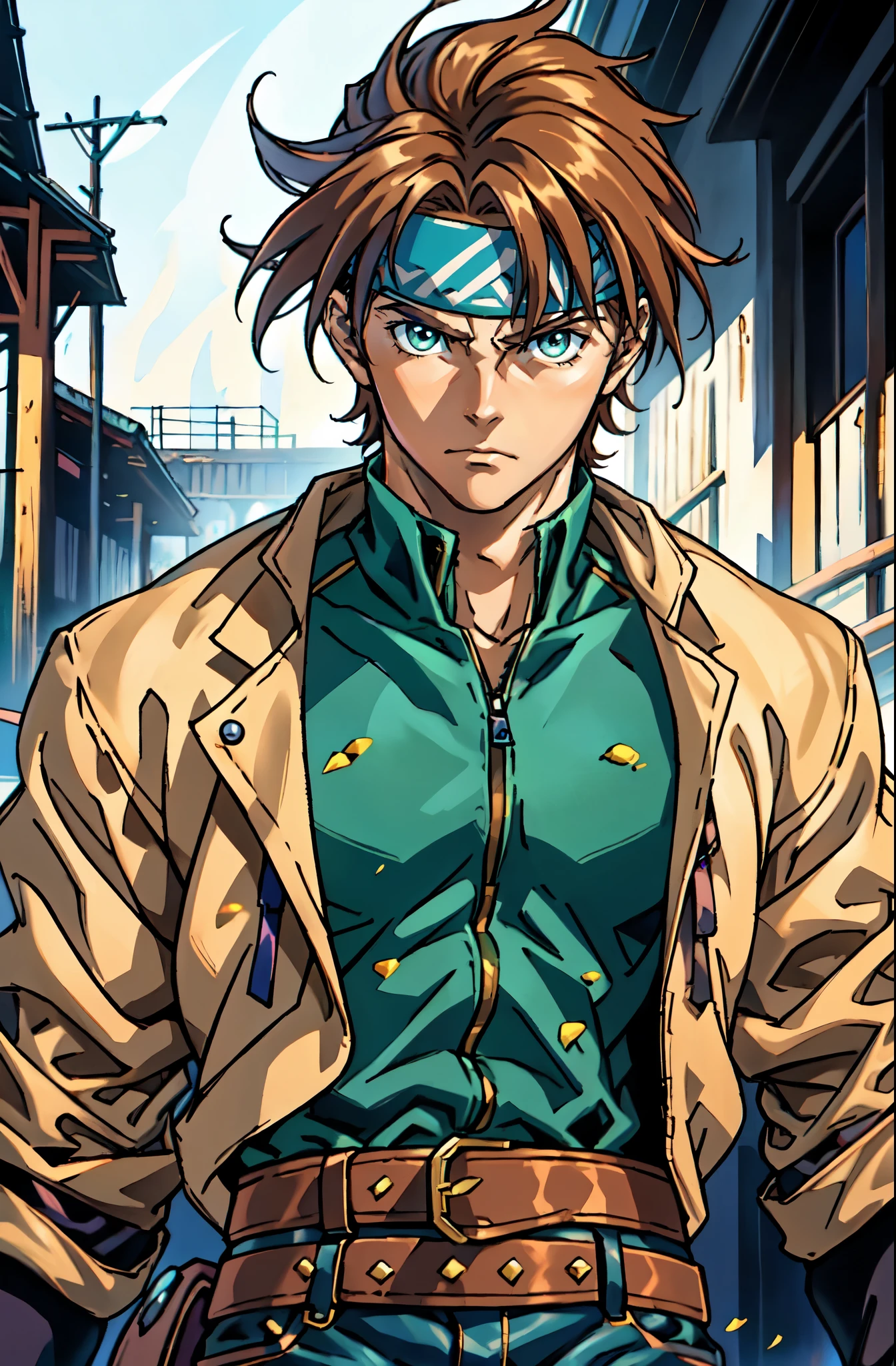 (masterpiece:1.2, best quality:1.2, extremely delicate:1.2), ((male:1.5)), a man with messy short brown hair, choppy bangs, a headband tied around his forehead, sharp eyes, well-defined features, serious expression, fantasy Western-style attire, the color scheme is primarily Yellow with Black accents, a burlap shirt, a leather jacket, a jeans, surrounded by green striped energy, he leaps into the air, this character embodies a finely crafted fantasy Western-style Rogue in anime style, exquisite and mature manga art style, dramatic, high definition, highres, ultra-detailed, ultra-fine painting, professional, perfect body proportions, golden ratio, anatomically correct, symmetrical face, extremely detailed eyes and face, high quality eyes, creativity, RAW photo, UHD, 32k, Natural light, cinematic lighting, (masterpiece-anatomy-perfect:1.2)