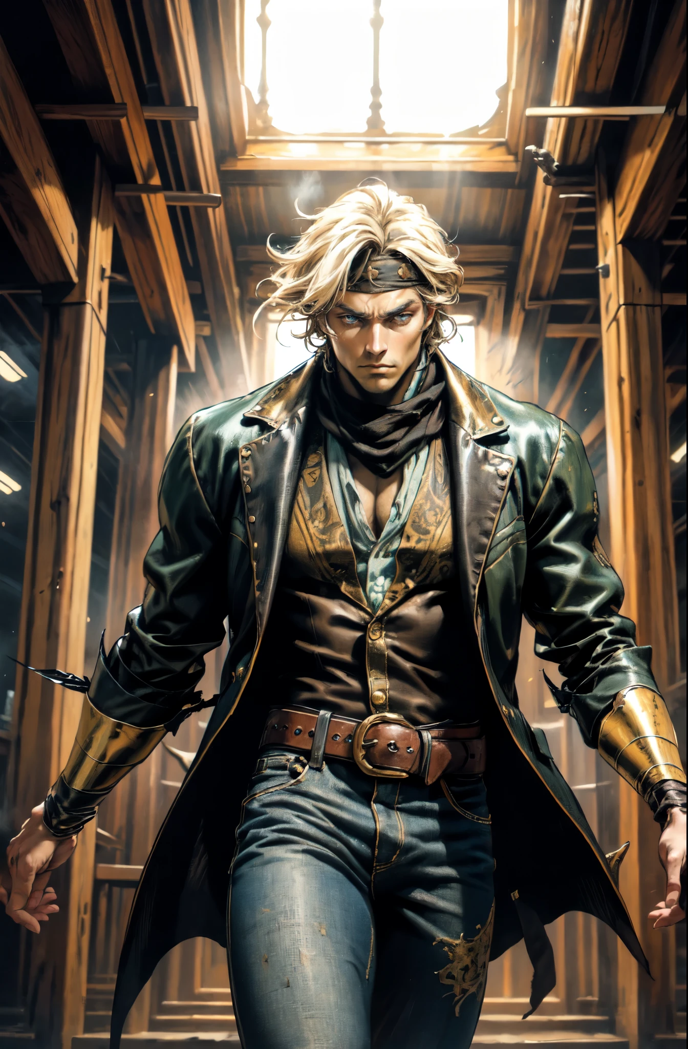 (masterpiece:1.2, best quality:1.2, extremely delicate:1.2), ((male:1.5)), a man with messy short brown hair, choppy bangs, a headband tied around his forehead, sharp eyes, well-defined features, serious expression, fantasy Western-style attire, the color scheme is primarily Yellow with Black accents, a burlap shirt, a leather jacket, a jeans, surrounded by green striped energy, he leaps into the air, this character embodies a finely crafted fantasy Western-style Rogue in anime style, exquisite and mature manga art style, dramatic, high definition, highres, ultra-detailed, ultra-fine painting, professional, perfect body proportions, golden ratio, anatomically correct, symmetrical face, extremely detailed eyes and face, high quality eyes, creativity, RAW photo, UHD, 32k, Natural light, cinematic lighting, (masterpiece-anatomy-perfect:1.2)