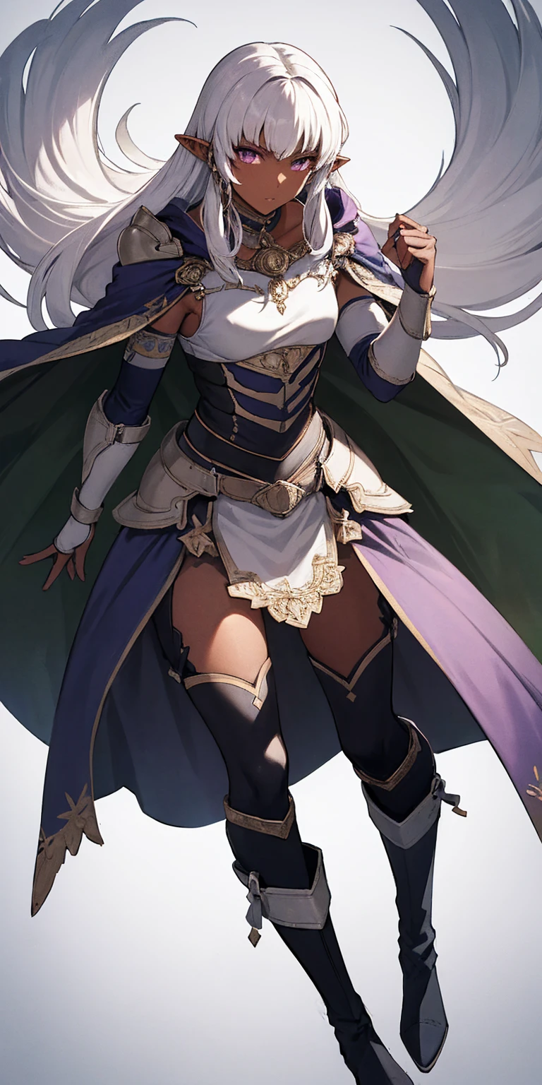 masterpiece, best quality, highly detailed, intricate design, brilliant colors, deedlit, armor, skirt, circlet, boots, bracers, shoulder pads, cape, Elf, dark skin, white hair, purple eyes, 