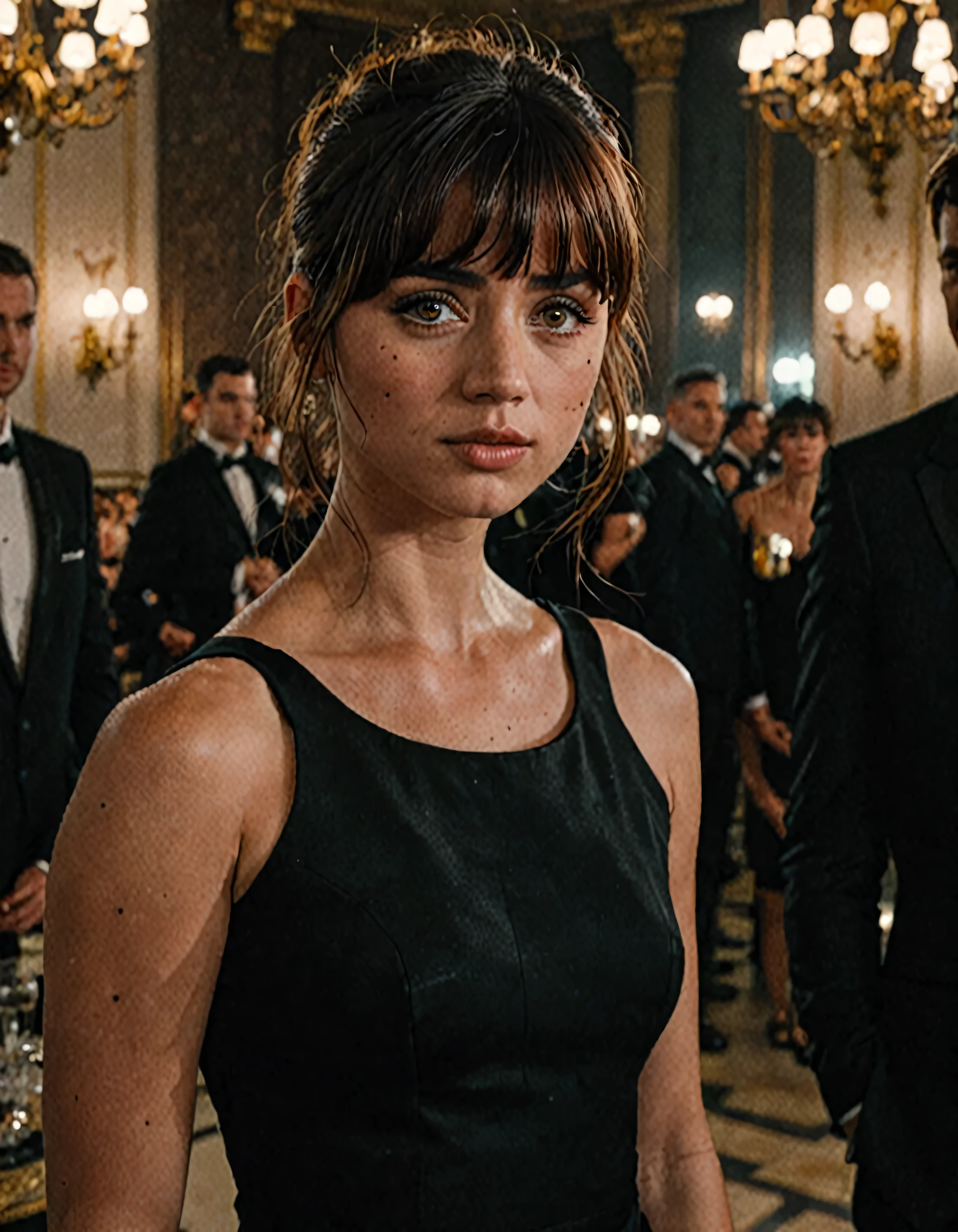 a beautiful  j0i woman with bangs, looking directly at the camera, in an elegant black dress, with normal lighting, shallow depth of field, (best quality,4k,8k,highres,masterpiece:1.2),ultra-detailed,(realistic,photorealistic,photo-realistic:1.37),portrait,dramatic lighting,high contrast,cinematic,intricate details,fashion,elegant,glamorous