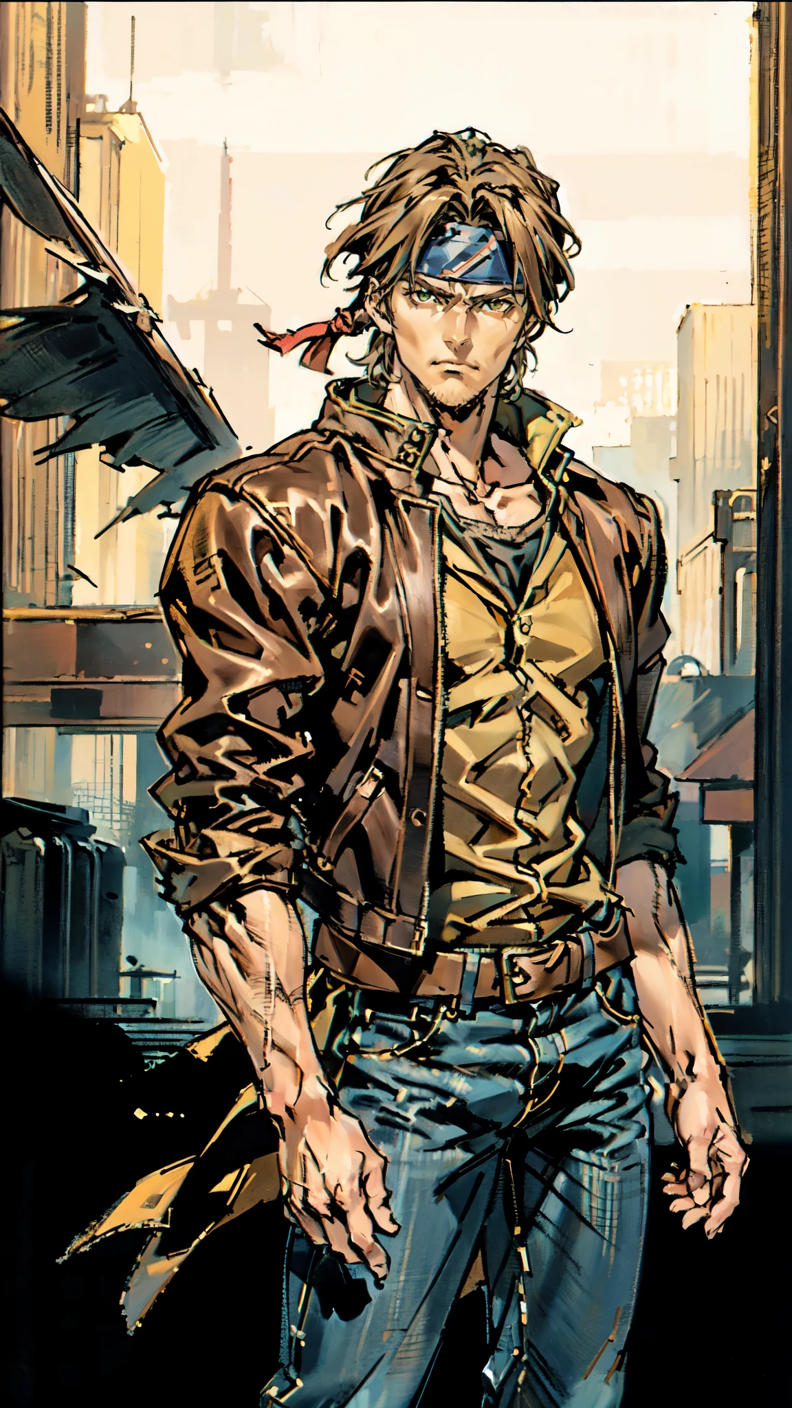 (masterpiece:1.2, best quality:1.2, extremely delicate:1.2), ((male:1.5)), a man with messy short brown hair, choppy bangs, a headband tied around his forehead, sharp eyes, well-defined features, serious expression, fantasy Western-style attire, the color scheme is primarily Yellow with Black accents, a burlap shirt, a leather jacket, a jeans, surrounded by green striped energy, he leaps into the air, this character embodies a finely crafted fantasy Western-style Rogue in anime style, exquisite and mature manga art style, dramatic, high definition, highres, ultra-detailed, ultra-fine painting, professional, perfect body proportions, golden ratio, anatomically correct, symmetrical face, extremely detailed eyes and face, high quality eyes, creativity, RAW photo, UHD, 32k, Natural light, cinematic lighting, (masterpiece-anatomy-perfect:1.2)