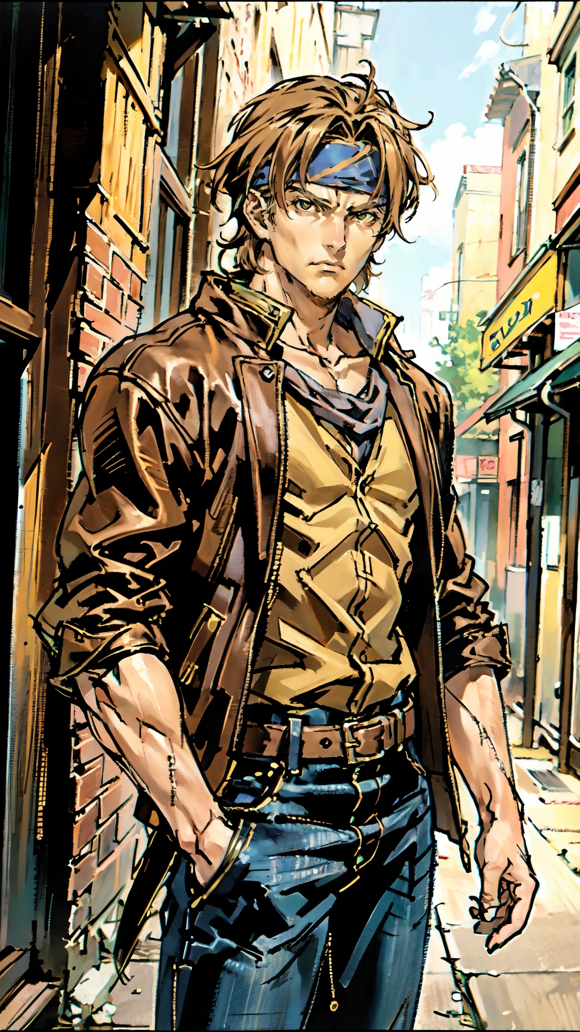 (masterpiece:1.2, best quality:1.2, extremely delicate:1.2), ((male:1.5)), a man with messy short brown hair, choppy bangs, a headband tied around his forehead, sharp eyes, well-defined features, serious expression, fantasy Western-style attire, the color scheme is primarily Yellow with Black accents, a burlap shirt, a leather jacket, a jeans, surrounded by green striped energy, he leaps into the air, this character embodies a finely crafted fantasy Western-style Rogue in anime style, exquisite and mature manga art style, dramatic, high definition, highres, ultra-detailed, ultra-fine painting, professional, perfect body proportions, golden ratio, anatomically correct, symmetrical face, extremely detailed eyes and face, high quality eyes, creativity, RAW photo, UHD, 32k, Natural light, cinematic lighting, (masterpiece-anatomy-perfect:1.2)