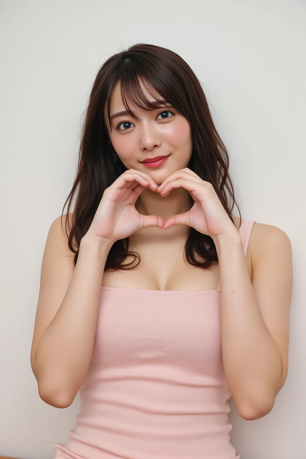 She is in a pose wearing a sexy camisole, making a firm big heart shape with both hands, and holding it in front of her chest, Cute smile up

