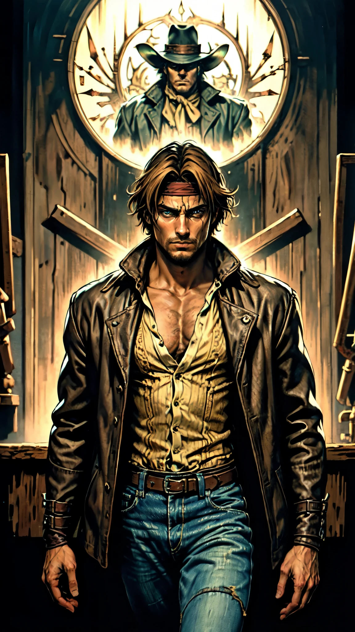 (masterpiece:1.2, best quality:1.2, extremely delicate:1.2), ((male:1.5)), a man with messy short brown hair, choppy bangs, a headband tied around his forehead, sharp eyes, well-defined features, serious expression, fantasy Western-style attire, the color scheme is primarily Yellow with Black accents, a burlap shirt, a leather jacket, a jeans, surrounded by green striped energy, he leaps into the air, this character embodies a finely crafted fantasy Western-style Rogue in anime style, exquisite and mature manga art style, dramatic, high definition, highres, ultra-detailed, ultra-fine painting, professional, perfect body proportions, golden ratio, anatomically correct, symmetrical face, extremely detailed eyes and face, high quality eyes, creativity, RAW photo, UHD, 32k, Natural light, cinematic lighting, (masterpiece-anatomy-perfect:1.2)